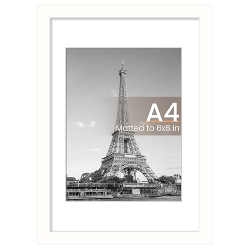 Image of upsimples A4 Picture Frame, Display Pictures 6x8 with Mat or 8.3 x 11.7 Without, Wall Hanging Photo Frames, White, 1 Pack