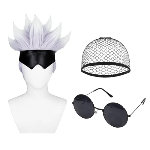TANTAKO Short Gray Wig with Black Headband Mask and Glasses for Halloween