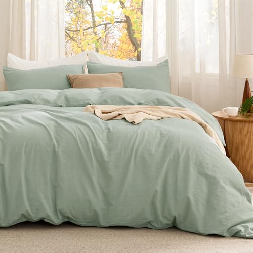 Image of Bedsure Comforter Set Queen Size - Cotton Fabric with Microfiber Inner Fill, Sage Green PureWoven Soft Bed Set for All Seasons, 3 Pieces, 1 Comforter (90 inchx90 inch) and 2 Pillow Cases (20 inchx26 inch)