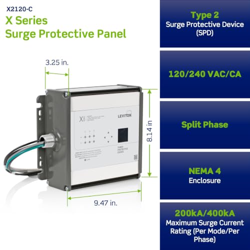 Image of Leviton Type 2 Surge Protective Panel, 120 /240 VAC, Split Phase, features LCD Screen with Surge Counter, 400kA per Phase, X2120-C