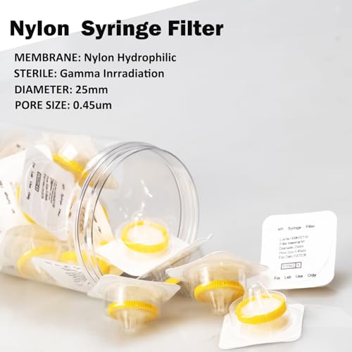 Image of Sterile Syringe Filter Nylon Hydrophilic Filtration 0.45 um Pore Size, 25 mm Membrane Diameter, 20 Pack, Sterile Packed Individually for HPLC Sample Preparation