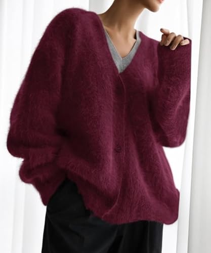 Image of Womens Fuzzy Sweaters Cardigan V-Neck Button Down Oversized Mohair Sweater Casual Y2k 2026 Fall Winter