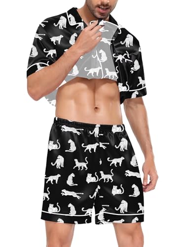 Image of SWOMOG Satin Matching Pajamas Sets Couple Silk Button Down Nightwear Women & Men Short Sleeve Sleepwear 2 Pieces Loungewear