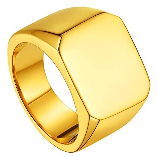 Signet Rings Solid Polished Stainless Steel Biker Ring for Men Women, 316L Stainless Steel/18K Gold/Black Metal Plated, Text Engraving/Photo Custom, Size 7 to 14, Send Gift Box