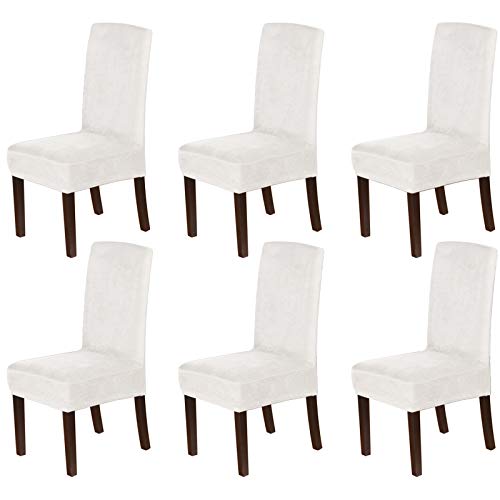 H.VERSAILTEX Velvet Dining Chair Covers Stretch Chair Covers for Dining Room Set of 6 Parson Chair Slipcovers Chair Protectors Covers, Soft Thick Solid Velvet Fabric Washable, Off White