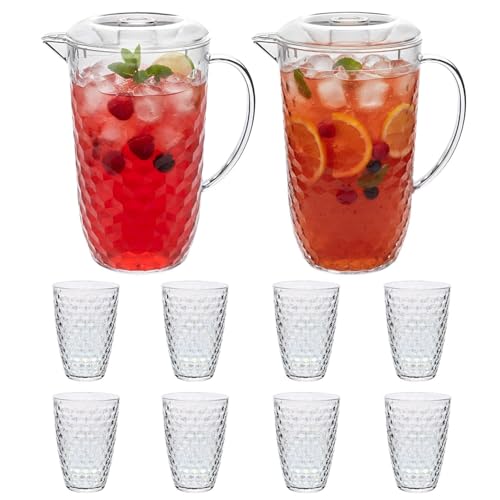 UNIQUE HOME LIVING Clear Acrylic Pitcher 2 Litre Water Jug with Lid BPA-Free 2 Juice Jugs with 8 Cups Set for Iced Tea Lemonade Cocktails Cold Beverage Carafe for Fridge - Diamond Design