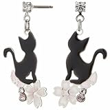 Piena ピアス レディース チタン製ポスト ラインストーン 桜 黒猫 ネコ 揺れる スタッド 日本製 金属アレルギー対応
