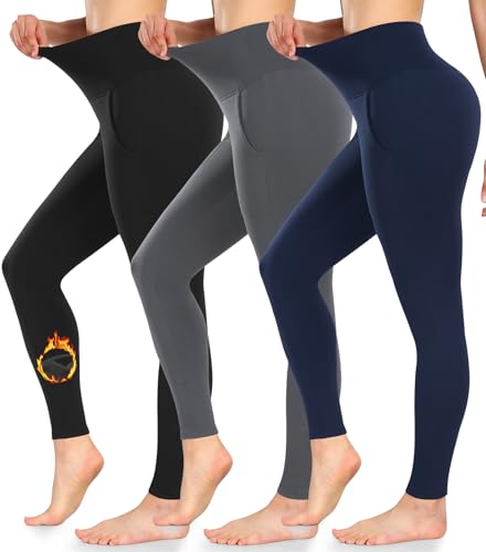 El Mejor Listado de Pantalones térmicos para Mujer - los más vendidos. 46 Paquete de 3 leggings con forro polar para mujer con bolsillos, pantalones térmicos de yoga de cintura alta para entrenamiento de invierno, Negro/gris/azul marino, Small-Medium