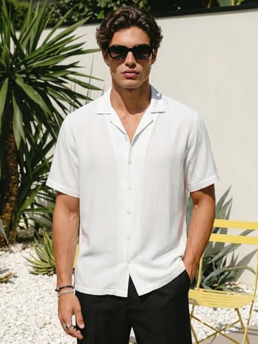 Image of Urbano Fashion Men's Cotton Half Sleeve Relaxed Fit Textured Shirt with Cuban Collar