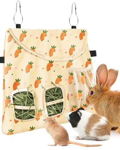 Bissap Rabbit Hay Feeder Bag, 2 Holes Hanging Hay Feeder Guinea Pig Hay Bag with Side Pocket for Rabbits Bunny Chinchillas Hamsters Rats and Other Small Pets Small Animal - Beige
