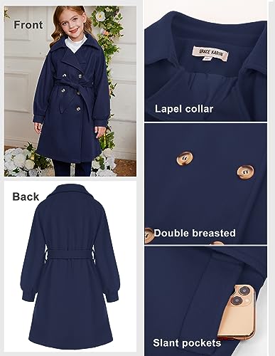 Image of GRACE KARIN Girls Dress Coat Lapel Wool Blend Long Winter Jackets with Pockets Belt 6-16Y