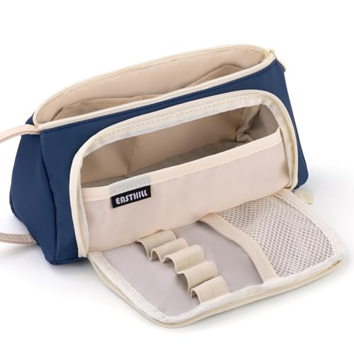 Image of EASTHILL Polyester Big Capacity Pencil Case Pouch Pen Case Simple Stationery Bag School College Office Organizer For Teens Girls Adults Student, Navy Xw, Simple, Blue