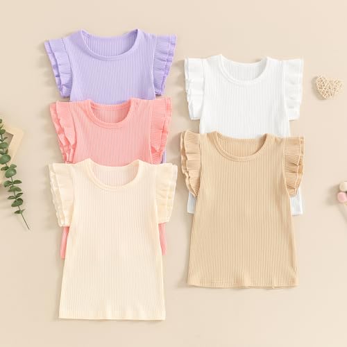 Toddler Girls Basic T-Shirts Top Ruffle Sleeve Crew-Neck Ribbed Knitted Cotton Kids Plain Shirts Summer Tops3