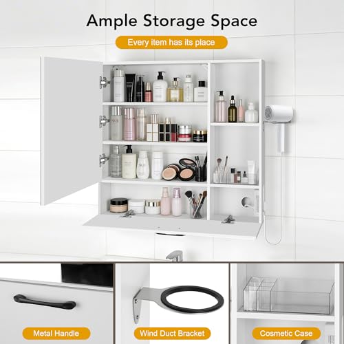 vellaniq LED Lighting with Socket and USB Bathroom Medicine Mirror Cabinet,Color Changing Anti Fog Light Strip,Equipped with Hair Dryer Rack and Towel Rack,Embedded or Wall Mounted,White - image 6