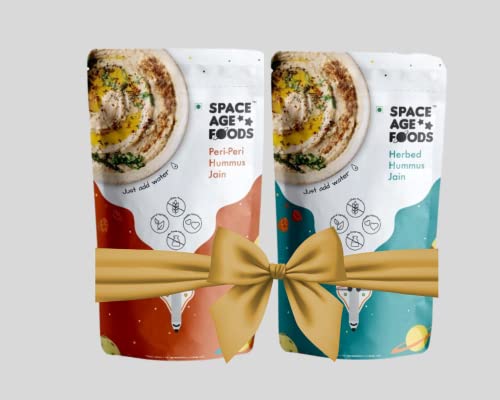Space Age Foods | Jain Friendly - Peri Peri & Herbed Hummus Powder | Instant Healthy Dip Mix | Pack of 2 - Each Pack Makes 250g Creamy Hummus (75g Dry each) | 3-4 Servings Per Pack | High Protein & Vegan Friendly | No Preservatives, Additives, Artificial Colours or Fillers | Authentic Mediterranean Flavour | Ready in 1 Minute – Just Add Water & Mix | Jain-Friendly Recipe (No Onion, No Garlic)