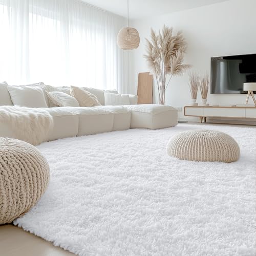 OLANLY 9x12 Machine Washable Large Area Rugs for Living Room, Bedroom, Soft Fluffy Shaggy Bedside Rug, Indoor Floor Carpet for Kids Girls and Boys, Dorms, Nursery, Home Decor Aesthetic, White