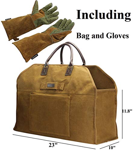 Inno Stage Firewood Log Carrier Bag Waxed Canvas Tote Holder With Fireplace Pure Leather Gloves For Hay Hauling Outdoor Camping, Bbq Barbecue #TOP1