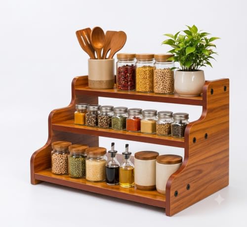 Image of 3-Tier Spice Rack, Wood Step Shelf Countertop Spice Storage Holder, Kitchen Pantry Cabinet Organizer Cupboard for Spice Bottles, Jars, Seasonings, Baking Supplies