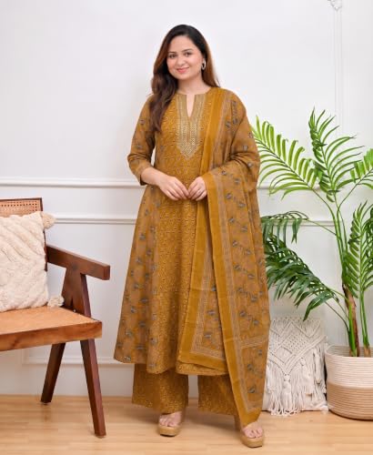 Image of GoSriKi Kurta Sets for Women Viscose Blend Printed | Kurti Set for Woman | Kurta Palazzo Dupatta Set | A Line Kurti | Mandarin Collar 3 /4 Sleeve Suit Set for Women Stylish Ethnic Outfit