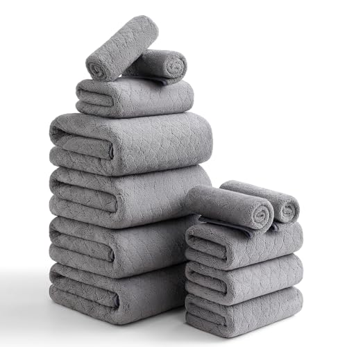 Luxury Bath Towels Set - 12 Piece (4 Bath Towels,4 Hand Towels,4 Washcloths), 100% Microfiber,Extra Absorbent Super Soft & Quick Dry,Complete Family Pack for Bathroom Gym Pool,Grey