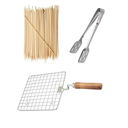 Complete BBQ Toolkit with 12 Wooden Skewers,Stainless Steel Tongs & Multi-Use Grill Net for Hassle-Free Grilling,Perfect for Indoor & Outdoor Cooking