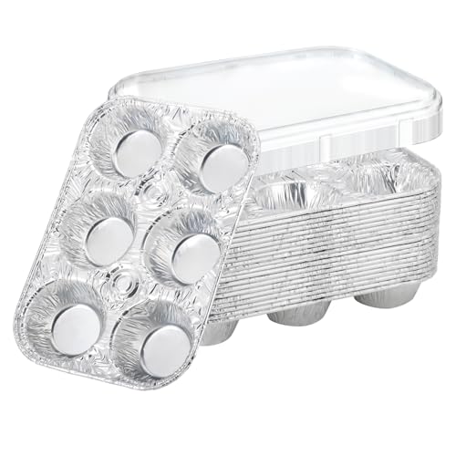 Piszvbej Disposable Muffin Pans with Lids 20 Pack Aluminum Muffin Pans with Clear Lids 6-Cup Size Throw Away Tin Foil Pan Strong and Flat Base for Even Baking Ideal for Parties and Holidays