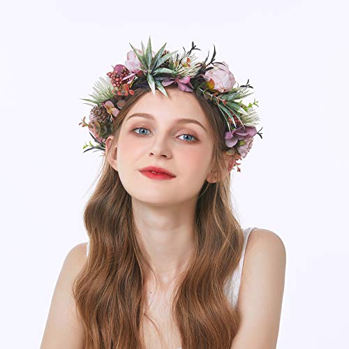 Ddazzling Women Flower Headband Wreath Crown Floral Wedding Garland Wedding Festivals Photo Props (Pink Flower Green Leaf) #TOP1