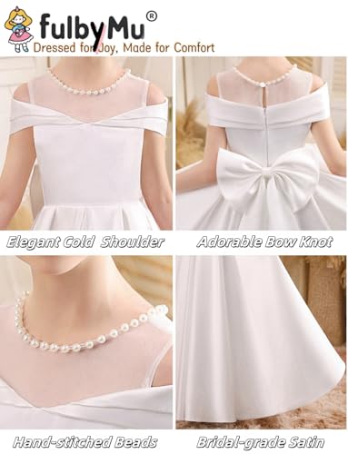 Satin Flower Girl Dresses for Wedding Beaded Solid Pageant Dress for Girls Long Ball Gown Dress with Bow White 82
