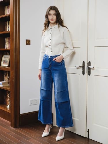 ONESO Womens Wide Leg Jeans Mid Waist Trendy Baggy Pleated Leg Jeans for Women Stretchy Denim Jean2