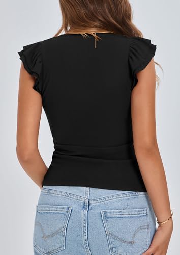 PRETTYGARDEN Womens V Neck Summer Tops Ruffle Sleeveless Slim Fit T Shirts Going Out Casual Blouses 20252