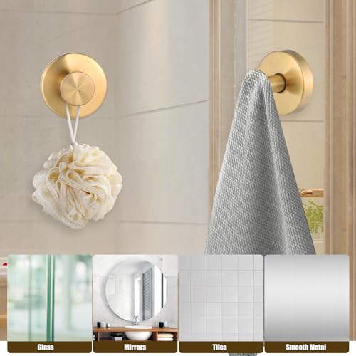 Image of Suction Cup Hooks, 2 Pack Gold Stainless Steel Suction Hooks for Shower | No-Drill, Reusable Removable, Towel Hook Holders for Bathroom Kitchen, For Smooth Surfaces Like Tile, Glass, Mirror
