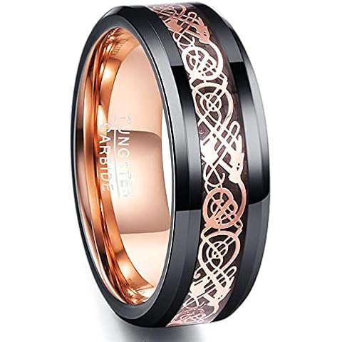 Corato 8 mm Black Rings Men's Tungsten Ring Rose Gold Celtic Dragon Wedding Rings Bevelled Edges Size 49-75, Tungsten carbide Cover