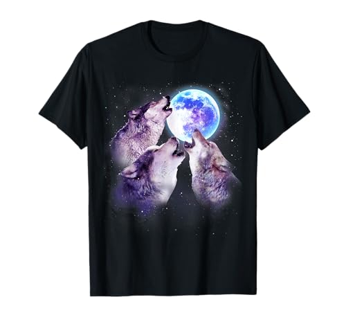 Three Grey Wolf Howling At The Moon 3 Wolves Space Galaxy T-Shirt