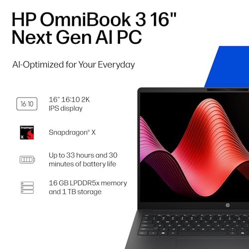 Image of HP OmniBook 3 16 inch Next Gen AI PC, 2K Display, Snapdragon X X1-26-100, 16 GB RAM, 1 TB SSD, Qualcomm Adreno GPU, Windows 11 Home, Mica Silver, 16-bz0000nr