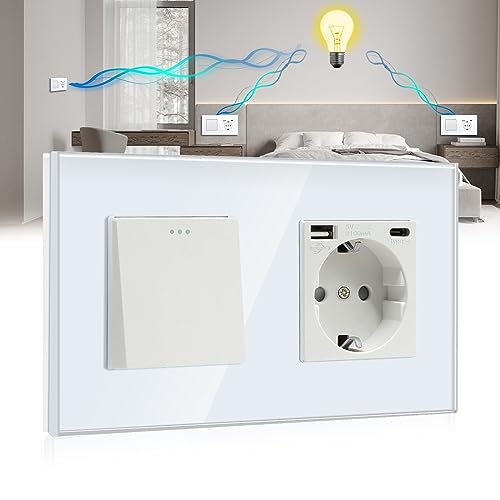 BSEED Interruptor de Pared Schuko 1 Gang 3 Vías Conmutador Tipo y USB 16A/10A Botón Pulsador Blanco