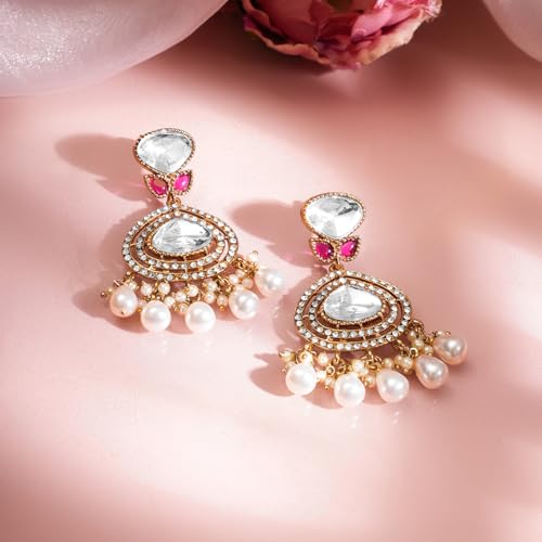 Image of Rubans Long Dangler Earrings Kundan & Pearl Ethnic Jewellery Gift for Women & Girls
