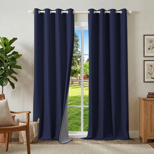 Runyéla 100% Rideau Occultant Thermique Isolant Anti Chaleur 140x245, Lot de 2 Lin Rideaux Fenêtre Opaques à Oeillets Bleu Denim Anti Froid UV Bruit,...