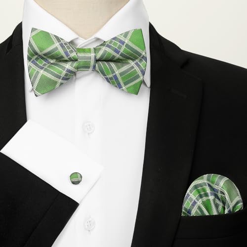 Image of HISDERN Mens Plaid Bow Tie Set Pocket Square and Cufflinks Bowtie | Pretied Bowties Design for Easy Wear,Check Pattern,Matching Handkerchief Cuff Link,3PCS Set Wedding Formal Party Groom Prom