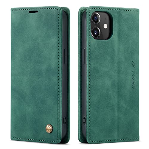 Étui portefeuille iPhone 12 Pro Max en cuir vintage vert avec béquille