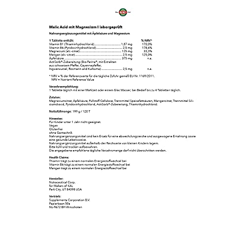 Kal Malic Acid With Magnesium Tablets, 120 Count #TOP6