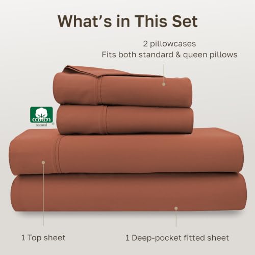 Image of California Design Den Deep Pocket Queen Sheets Set - Soft 400 Thread Count Sateen, Natural 100% Cotton Queen Size Bed Sheets, All Around Elastic for a Snug Fit, Durable Bedding - Rust