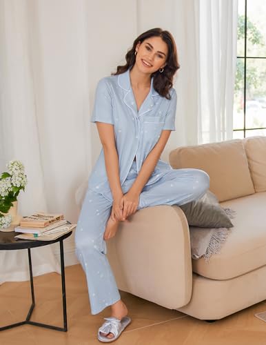Image of Ekouaer Womens Pajamas Set Short Sleeve Button Down Top & Pants Lounge Pjs | Soft Sleepwear with long pants, ideal for Home relaxation, Wedding, Party, Daily Wear & Breastfeeding