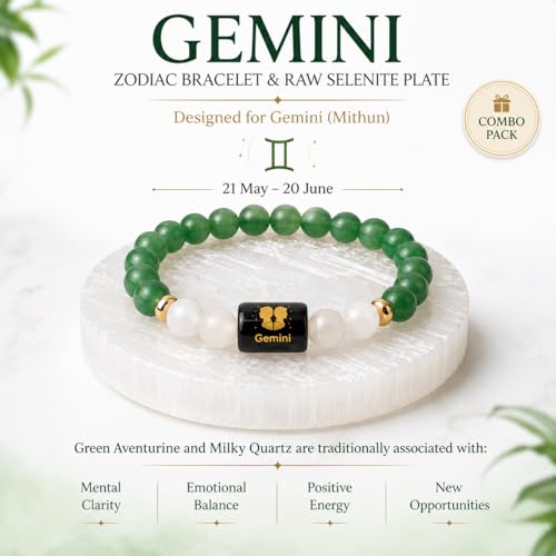 Image of Zodiac Crystal Bracelet with Raw Selenite Plate for Men & Women | Aries, Taurus, Gemini, Cancer, Leo, Virgo, Libra, Scorpio, Sagittarius, Capricorn, Aquarius & Pisces Rashi Bracelet | Astrology Healing Crystal Gift