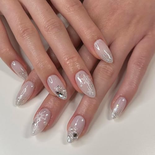 Christmas Press on Nails Almond Medium Snowflake...