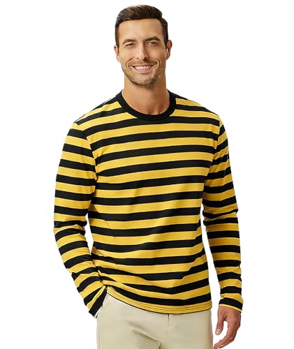 Image of KESIHAN Mens Striped Long Sleeve Shirt Crewneck Casual T-Shirt Basic Stripe Cotton Spandex tee Shirt