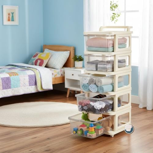 Image of Aliensware 5Layer Plastic Storage Drawer Organizer with Wheels, Modular Cabinet for Home, Office, School, Hospital, Parlor, Morden Kitchen,Clothes, Toys Organiser for Kids Room-Aliens-Clear Ivory