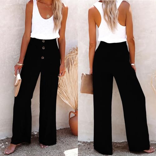 Women's Linen Blend High Waisted Rise Smocked Pants,Linen Button Wide-Leg Trousers,Linen Wide Leg Pants for Women3