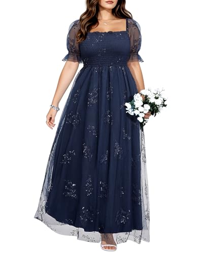 Plus Size Formal Dresses - Bridesmaid Leaf Embroidery with Sequin Tulle Prom Long Dress