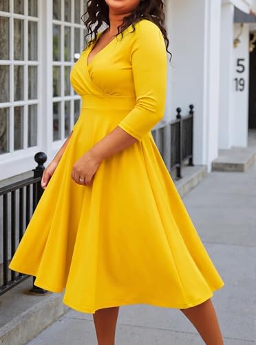 Image of Womens Plus Size Dresses Faux Wrap Summer Dress 3 /4 Sleeves V Neck 1950s Retro Vintage Wedding Party Midi Dress