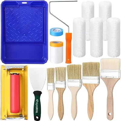 Briwooody 15 Pcs Paint Roller Kit 9" Paint Tray Set Paint Rollers Paint Tray Paint Roller Frame Microfiber Roller Cover Paint Brushes Kit for House Walls Painting